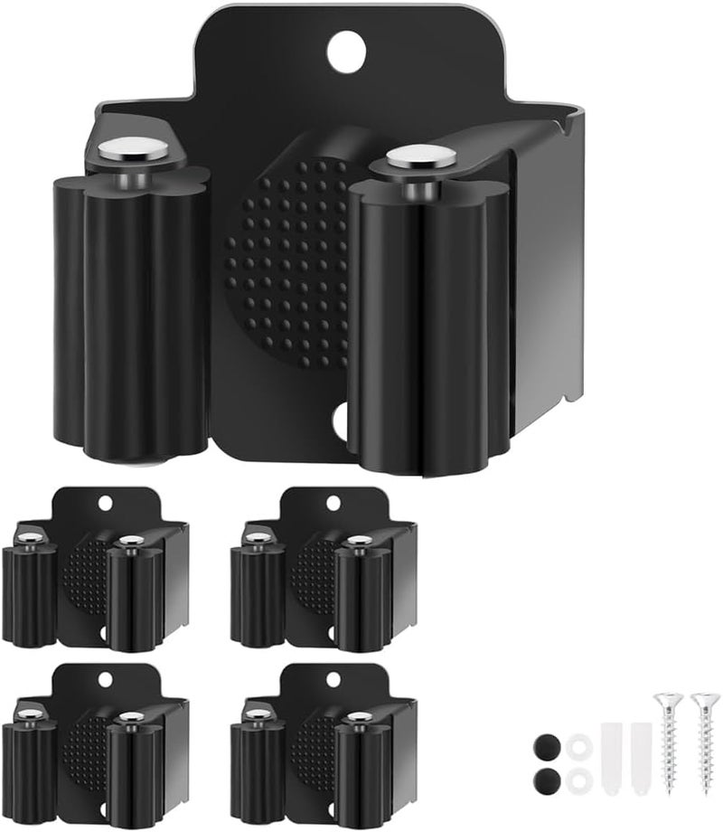 Yiows Broom Holder Wall Mount, 4PCS Broom Hanger Wall Mount, Stainless Steel Heavy Duty Mop Holder Broom Mop Hanger Wall with Screws, Garden Outdoor Tool Organizer Rack Broom Hanger (Black) - Image 1